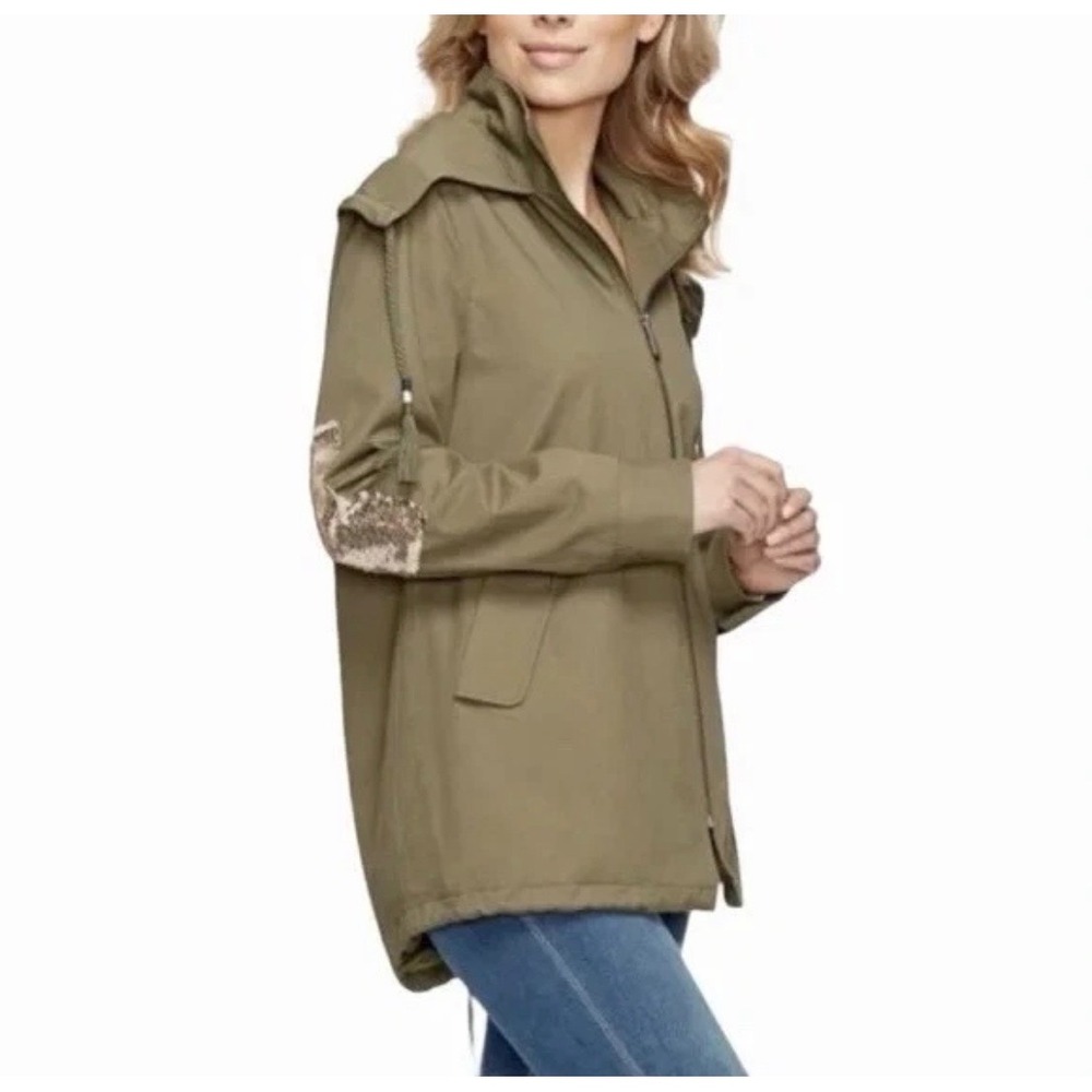 Sam Edelman Womens Olive Green Sequin Elbow Patch Utility Hooded Jacket Small